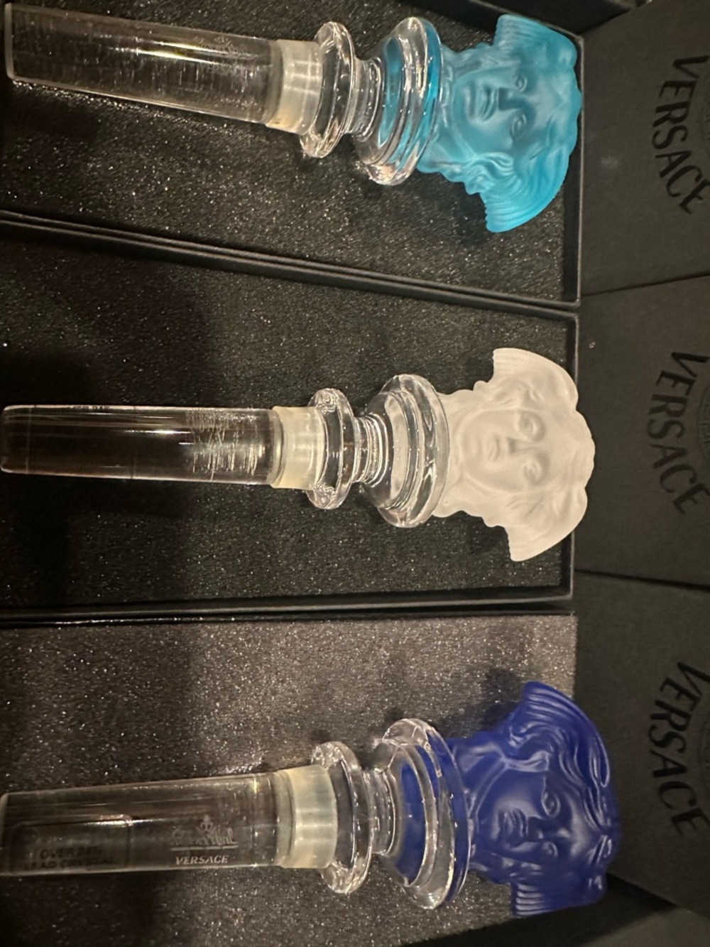 Versace Blue, Light Blue, and Frosted White Medusa Bottle Stopper Set very rare!